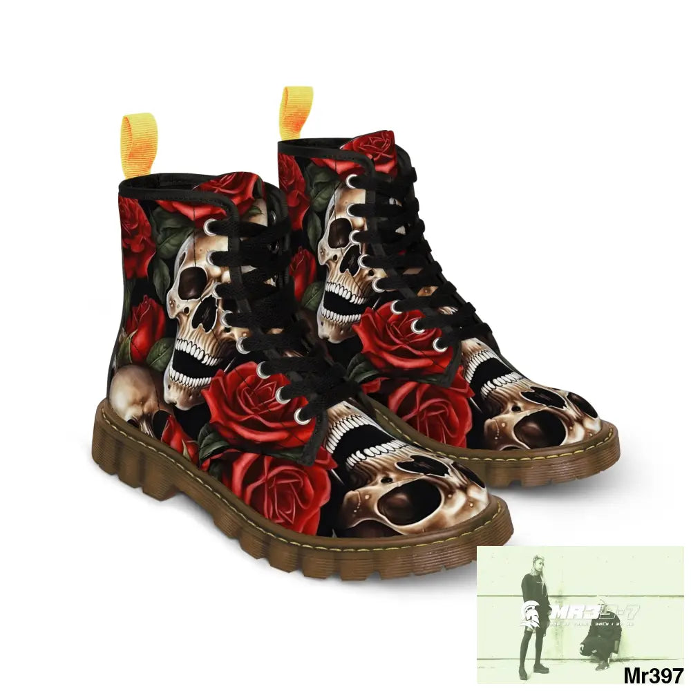 Gothic Deep Red Skulls and Roses Women’s Canvas Boots Shoes