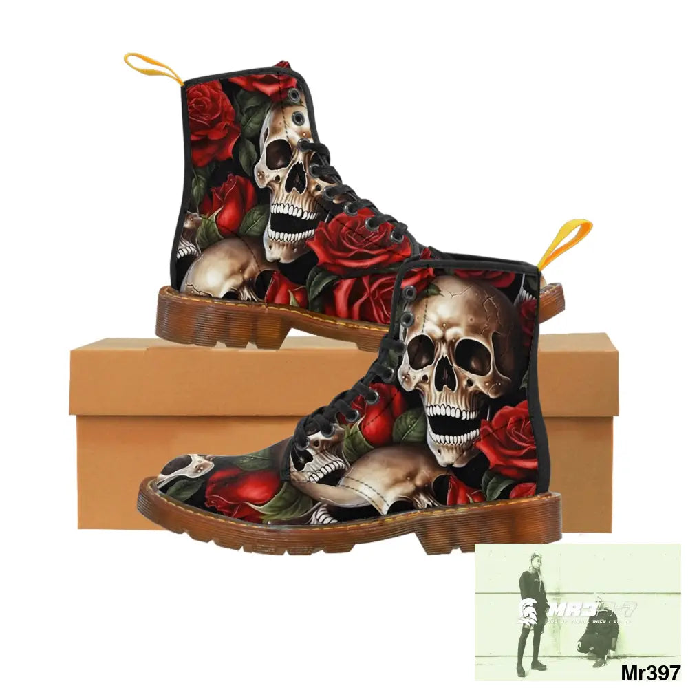 Gothic Deep Red Skulls and Roses Women’s Canvas Boots Shoes