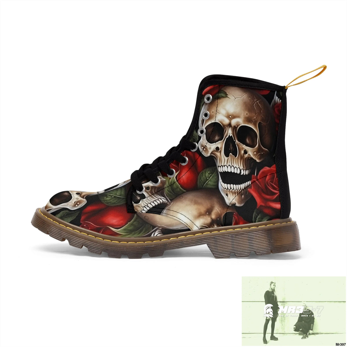 Gothic Deep Red Skulls and Roses Women’s Canvas Boots Shoes