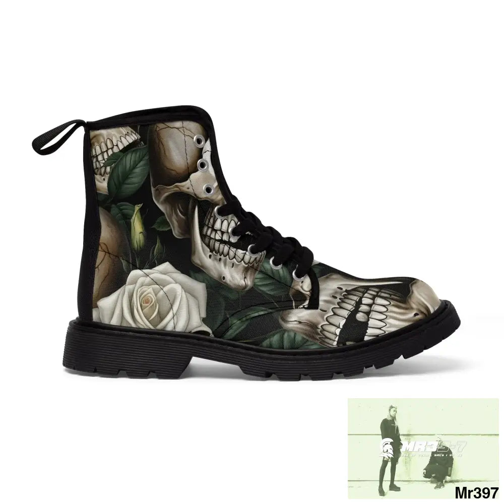 Gothic Deep Red Skulls and Roses Women’s Canvas Boots Shoes