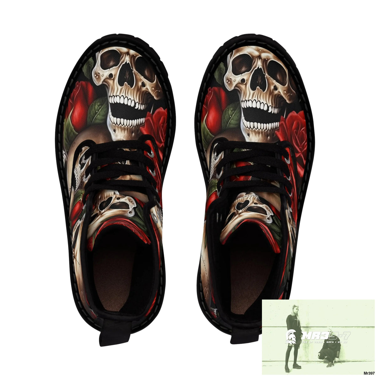 Gothic Deep Red Skulls and Roses Women’s Canvas Boots Shoes