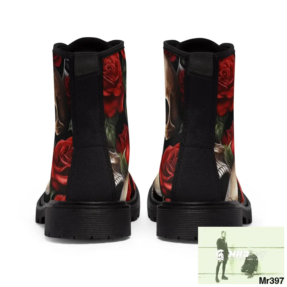 Gothic Deep Red Skulls and Roses Women’s Canvas Boots Shoes