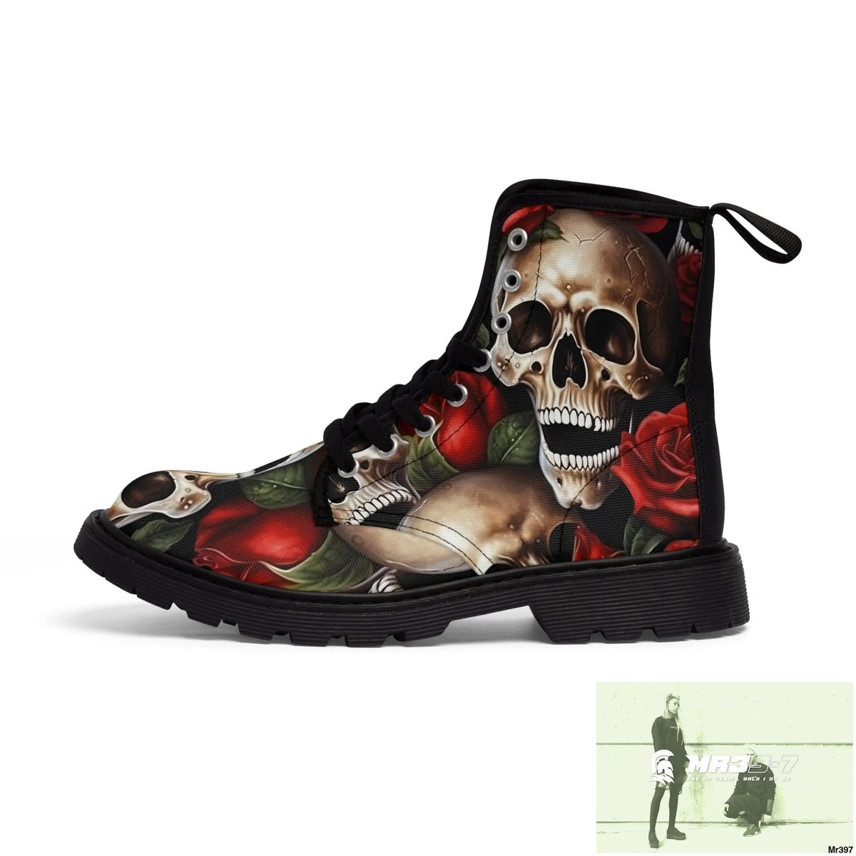 Gothic Deep Red Skulls and Roses Women’s Canvas Boots Shoes