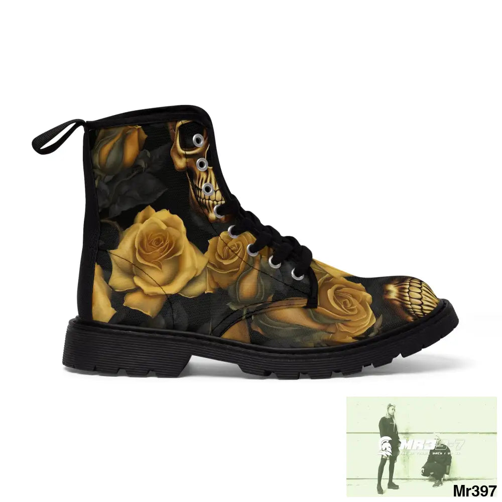 Gothic Gold no 2 Skulls and Roses Women’s Canvas Boots Shoes