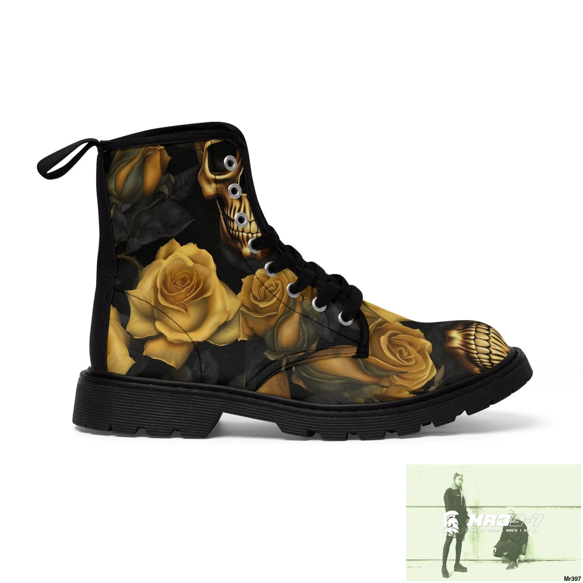 Gothic Gold no 2 Skulls and Roses Women’s Canvas Boots Shoes