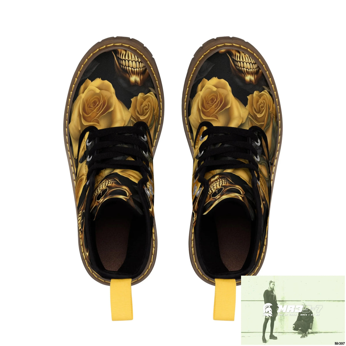 Gothic Gold no 2 Skulls and Roses Women’s Canvas Boots Shoes
