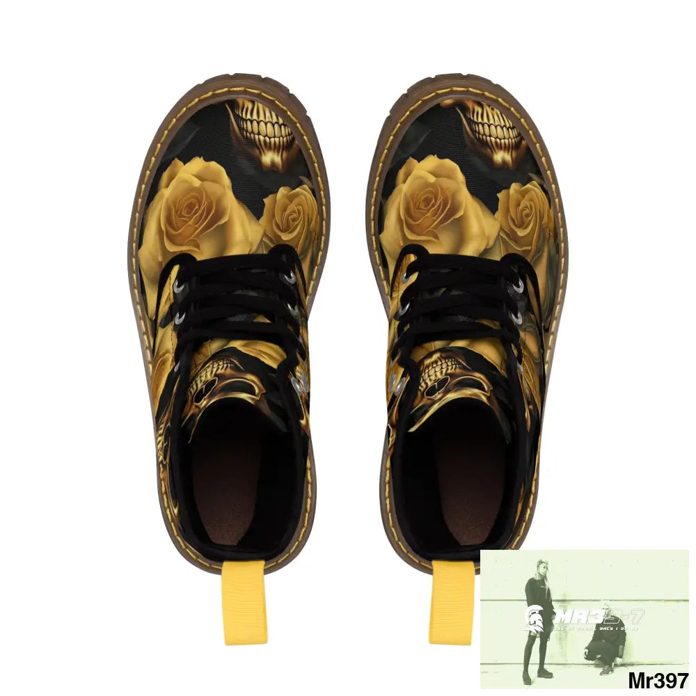 Gothic Gold no 2 Skulls and Roses Women’s Canvas Boots Shoes