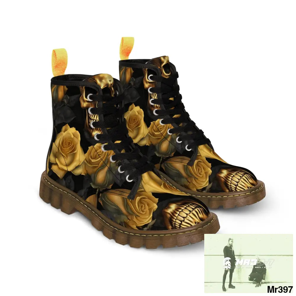 Gothic Gold no 2 Skulls and Roses Women’s Canvas Boots Shoes