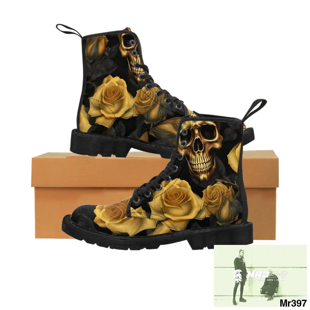 Gothic Gold no 2 Skulls and Roses Women’s Canvas Boots US 6.5 / Black sole Shoes