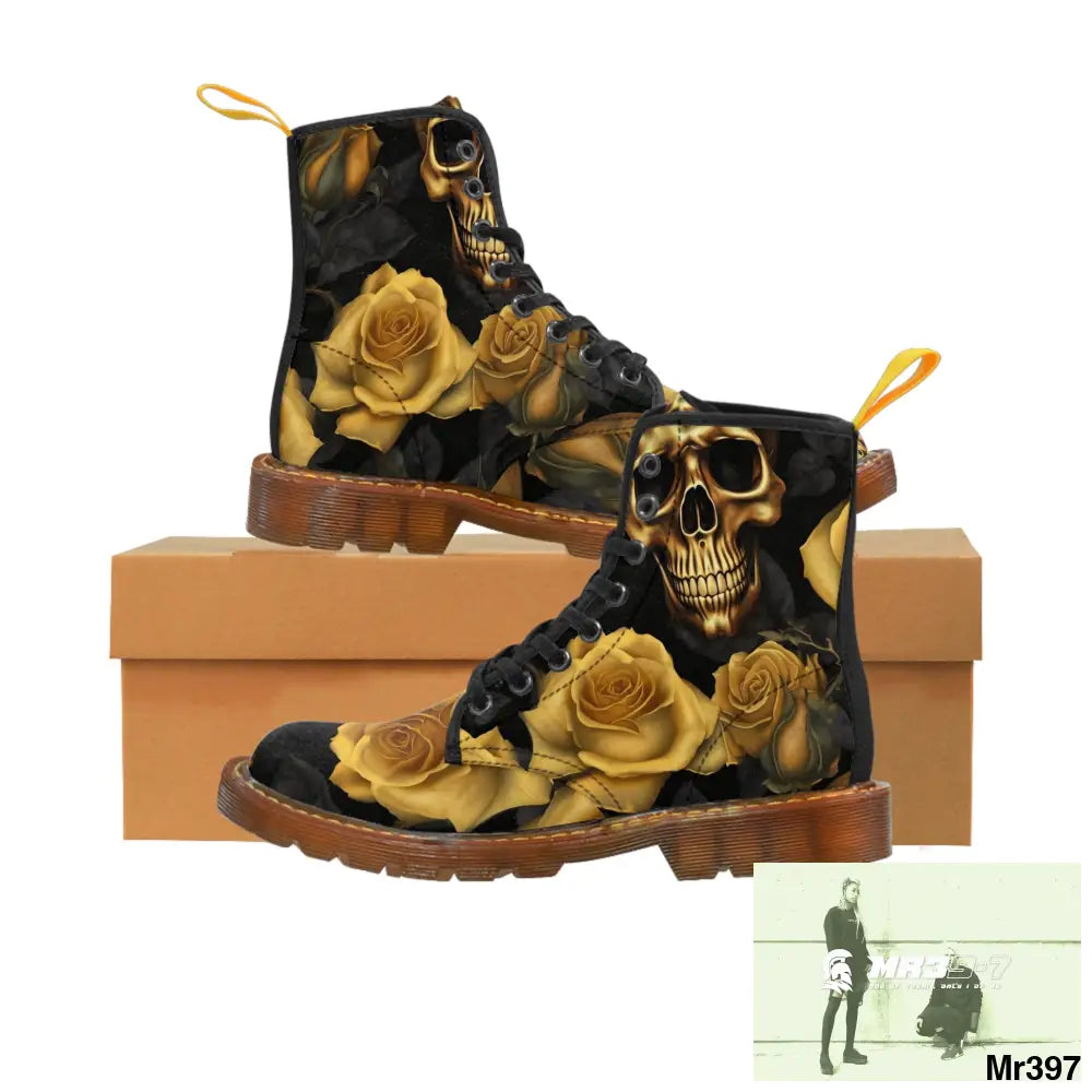 Gothic Gold no 2 Skulls and Roses Women’s Canvas Boots US 6.5 / Brown sole Shoes