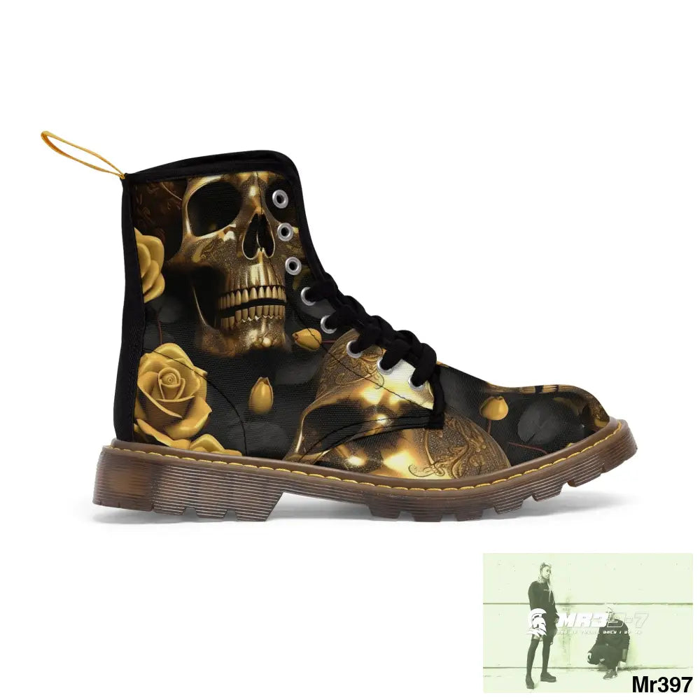 Gothic Gold Skulls and Roses Women’s Canvas Boots Shoes