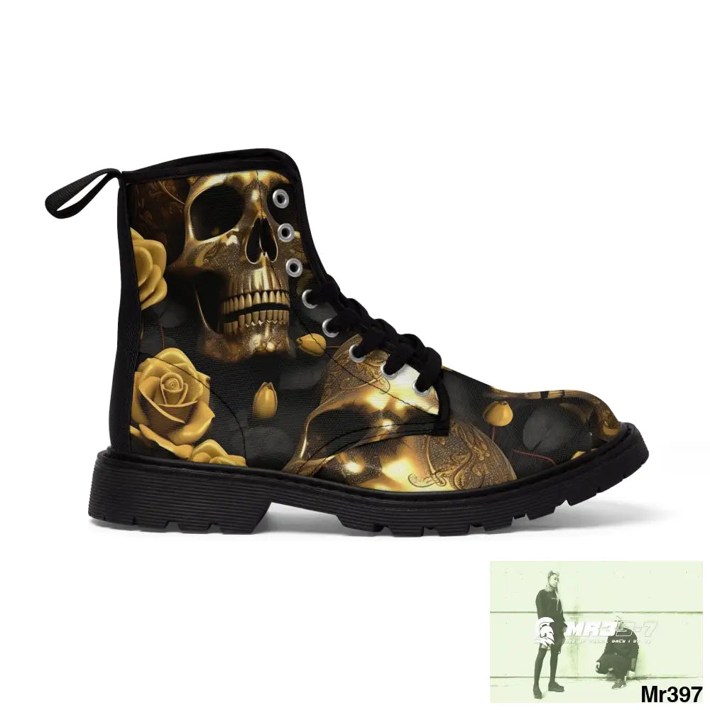 Gothic Gold Skulls and Roses Women’s Canvas Boots Shoes