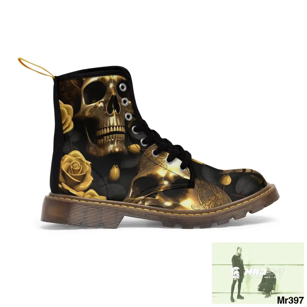 Gothic Gold Skulls and Roses Women’s Canvas Boots Shoes