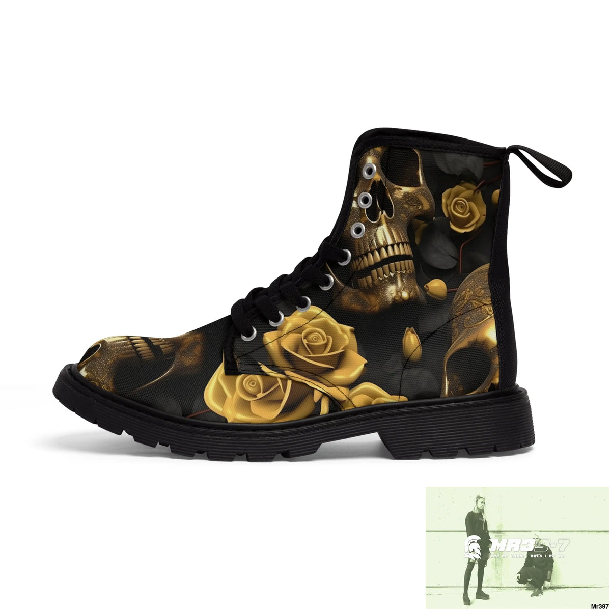 Gothic Gold Skulls and Roses Women’s Canvas Boots Shoes