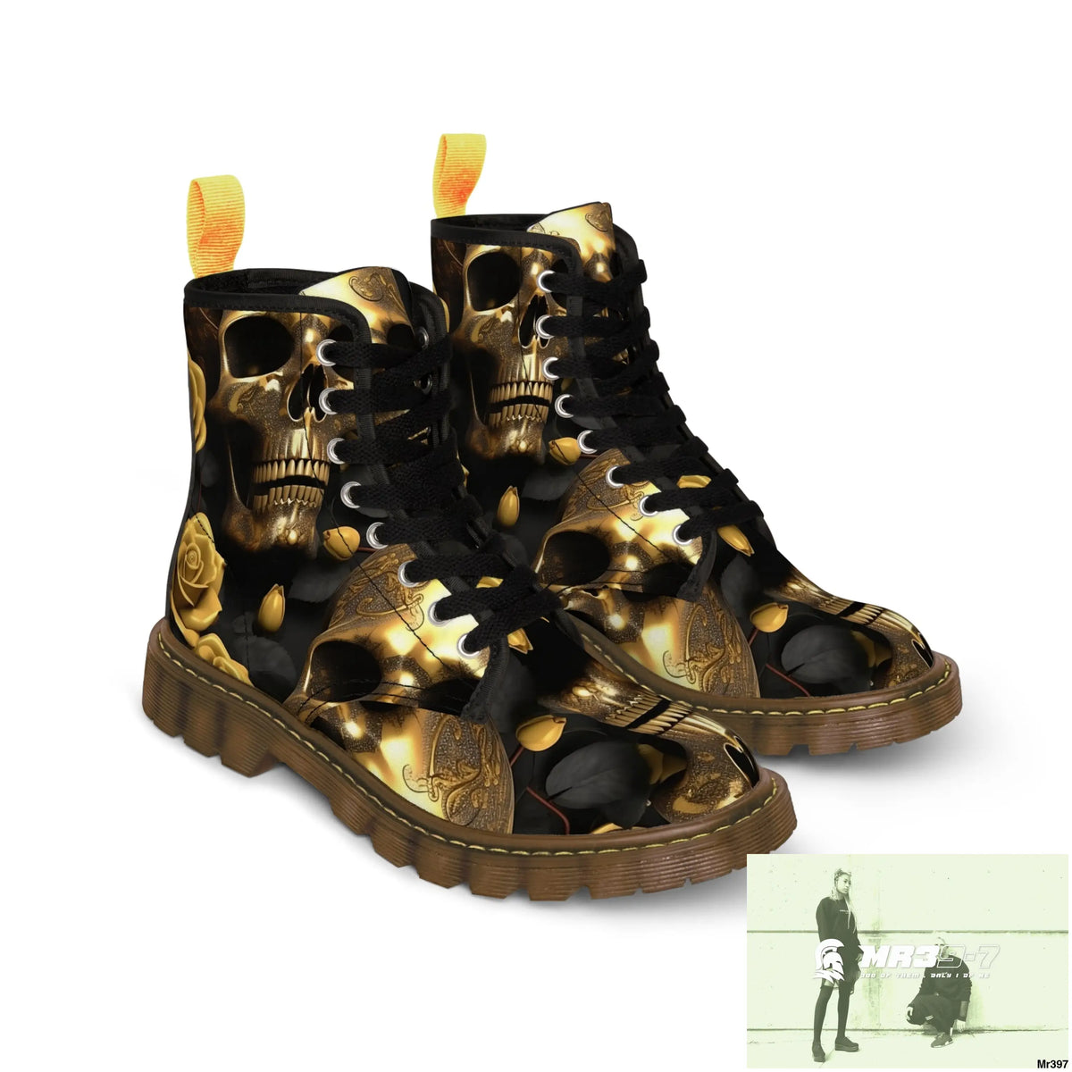 Gothic Gold Skulls and Roses Women’s Canvas Boots Shoes