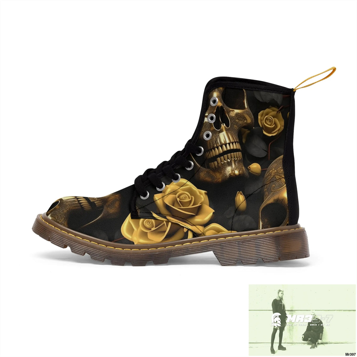Gothic Gold Skulls and Roses Women’s Canvas Boots Shoes