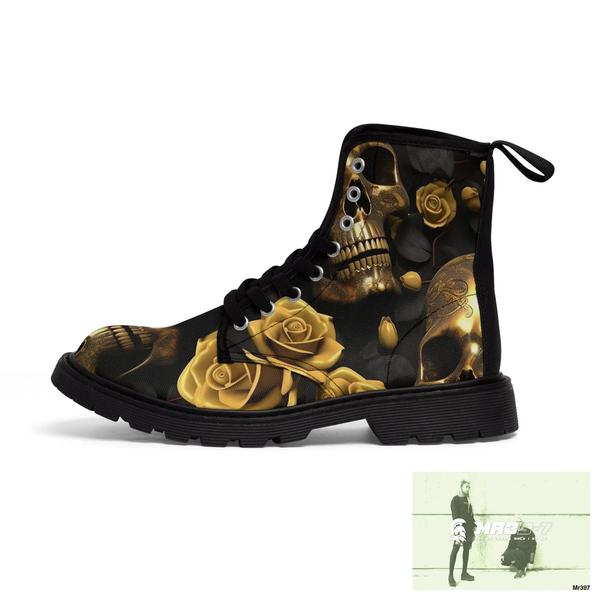 Gothic Gold Skulls and Roses Women’s Canvas Boots Shoes