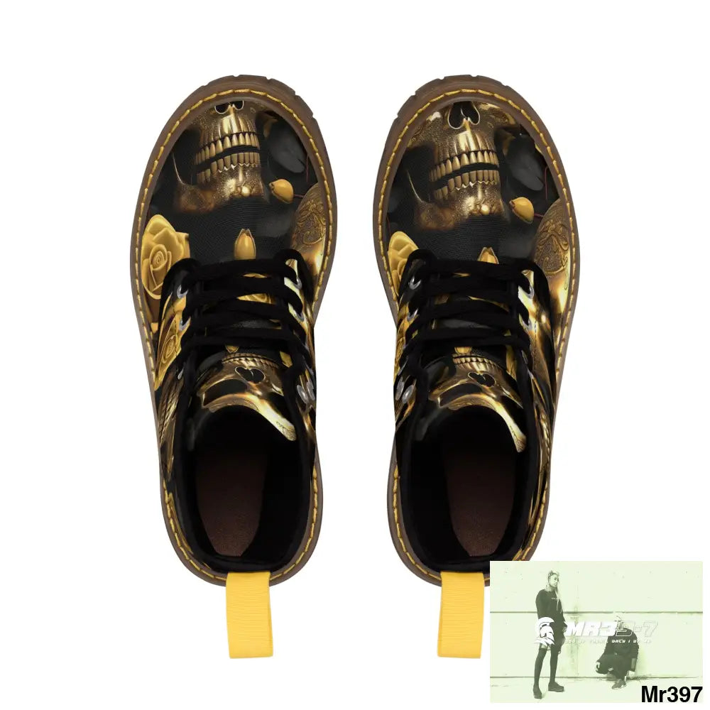 Gothic Gold Skulls and Roses Women’s Canvas Boots Shoes