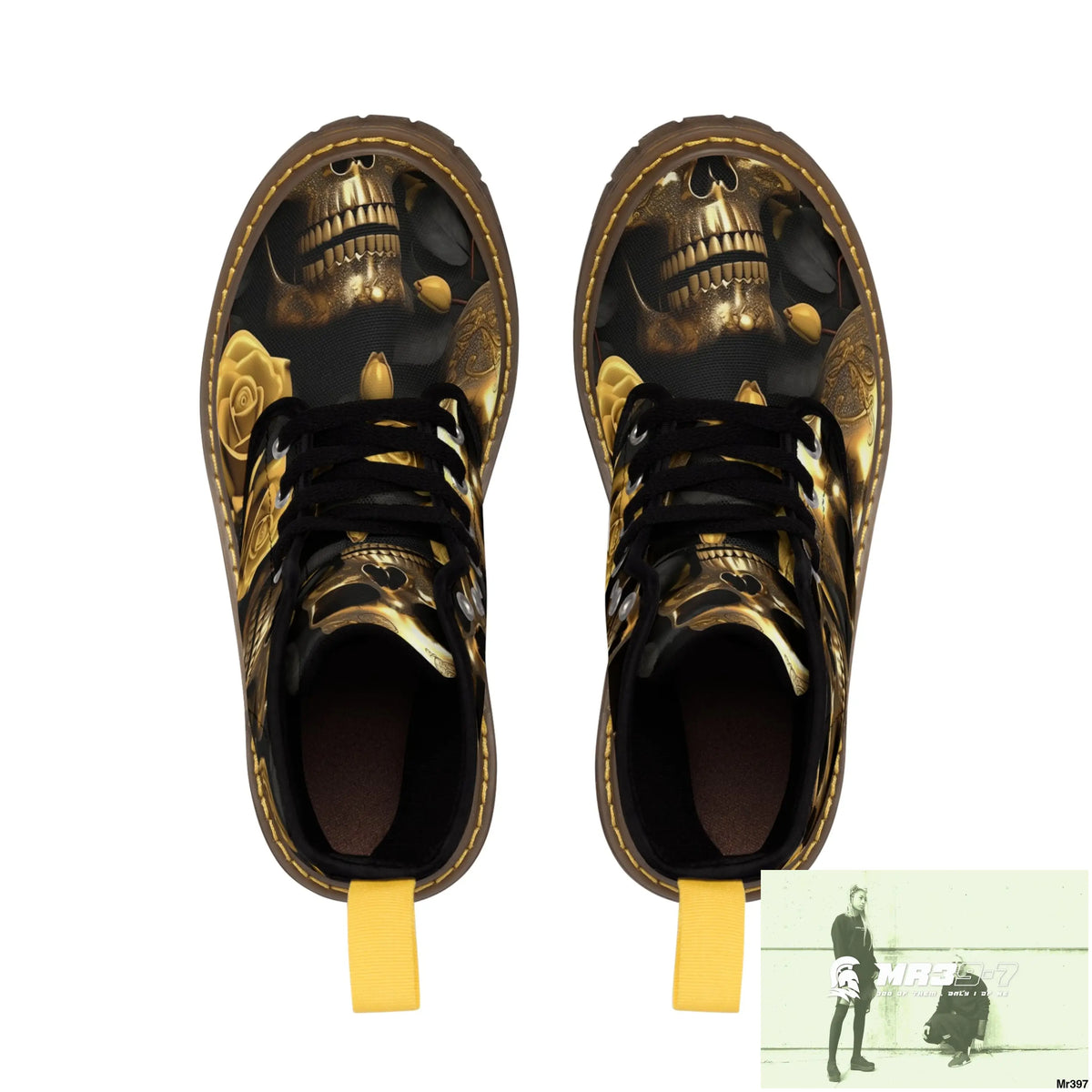 Gothic Gold Skulls and Roses Women’s Canvas Boots Shoes
