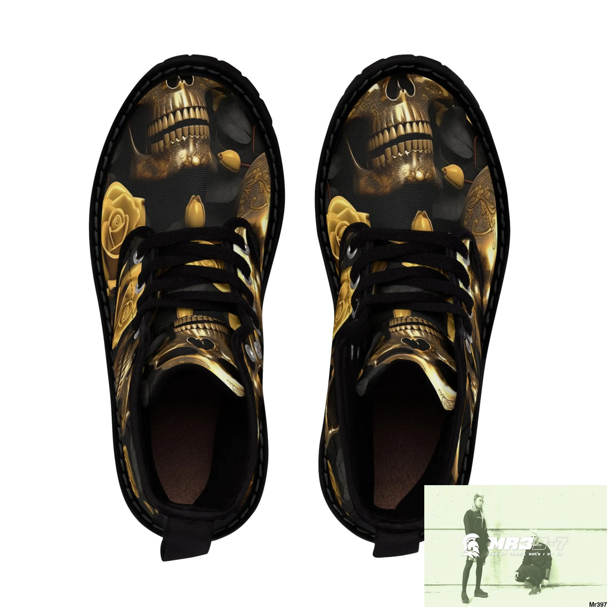 Gothic Gold Skulls and Roses Women’s Canvas Boots Shoes