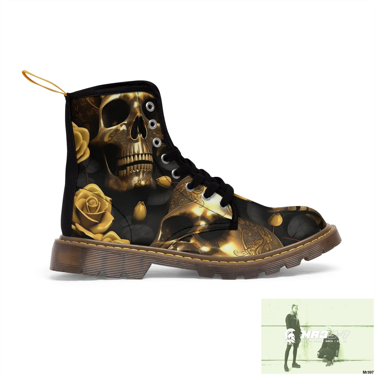 Gothic Gold Skulls and Roses Women’s Canvas Boots Shoes