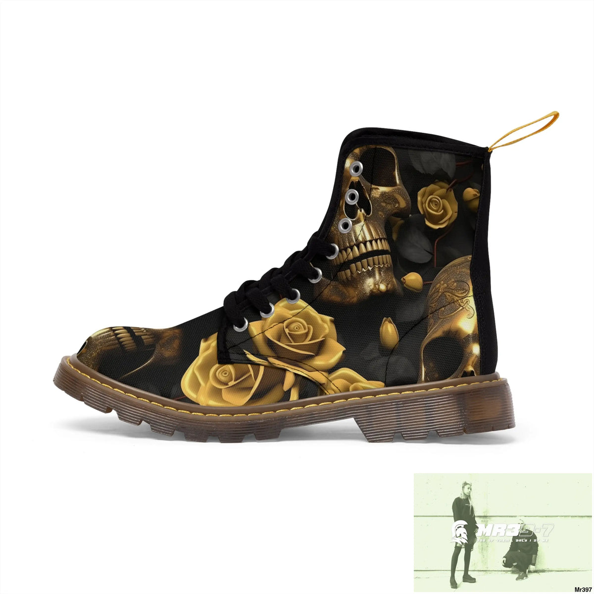 Gothic Gold Skulls and Roses Women’s Canvas Boots Shoes