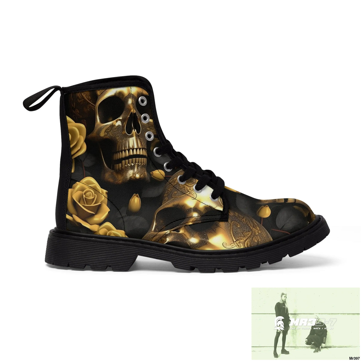 Gothic Gold Skulls and Roses Women’s Canvas Boots Shoes