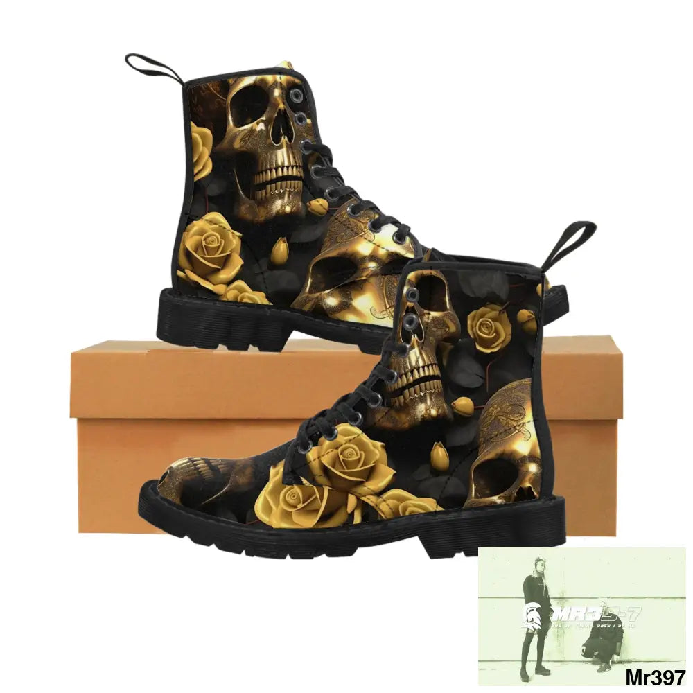 Gothic Gold Skulls and Roses Women’s Canvas Boots US 6.5 / Black sole Shoes