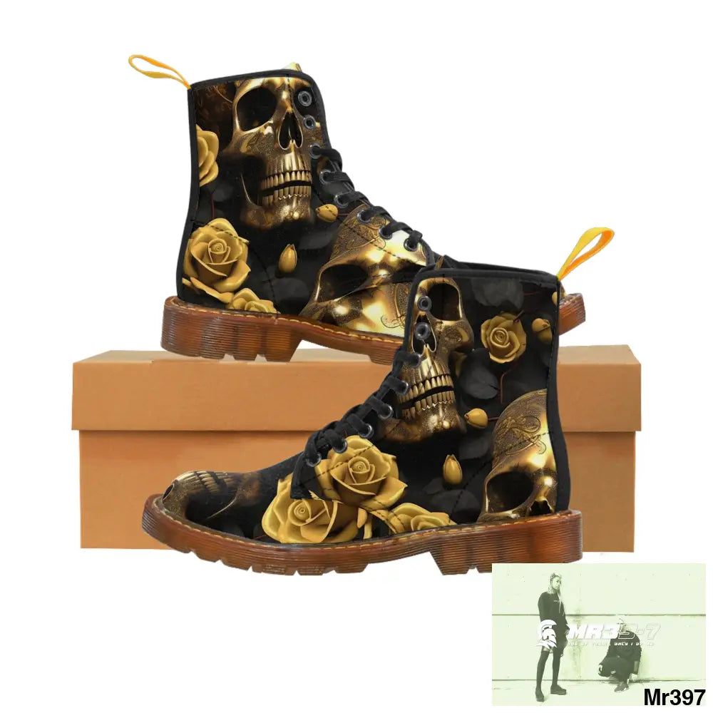 Gothic Gold Skulls and Roses Women’s Canvas Boots US 6.5 / Brown sole Shoes