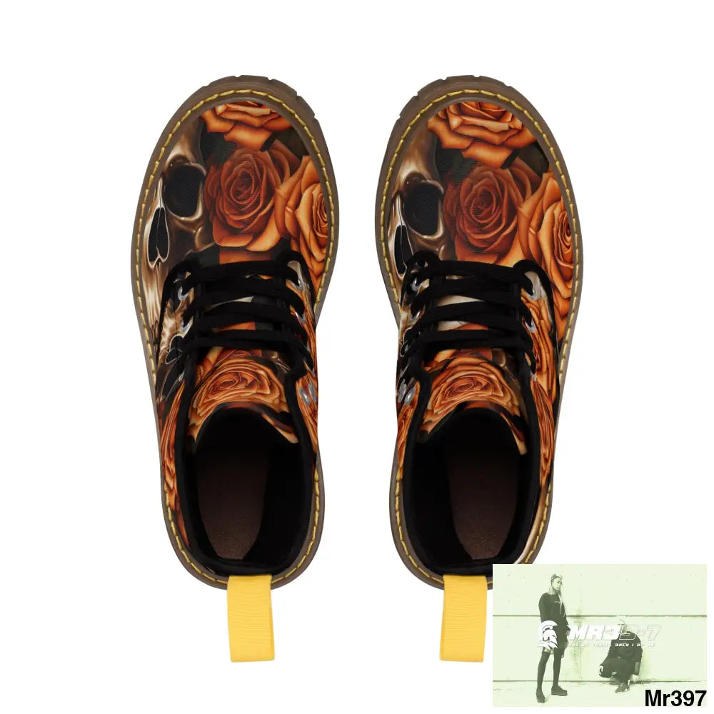 Gothic Orange no 2 Skulls and Roses Women’s Canvas Boots Shoes