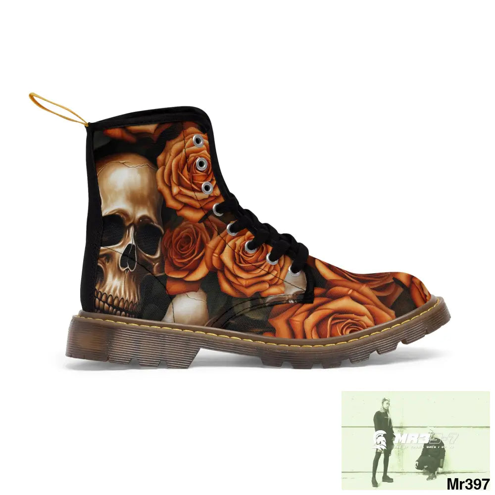 Gothic Orange no 2 Skulls and Roses Women’s Canvas Boots US 6.5 / Brown sole Shoes