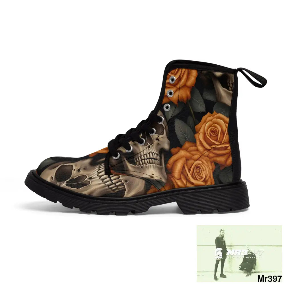 Gothic Orange Skulls and Roses Women’s Canvas Boots Shoes