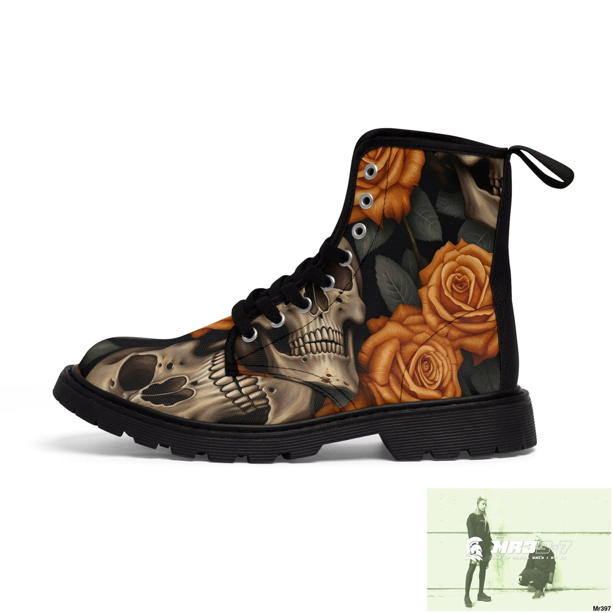Gothic Orange Skulls and Roses Women’s Canvas Boots Shoes
