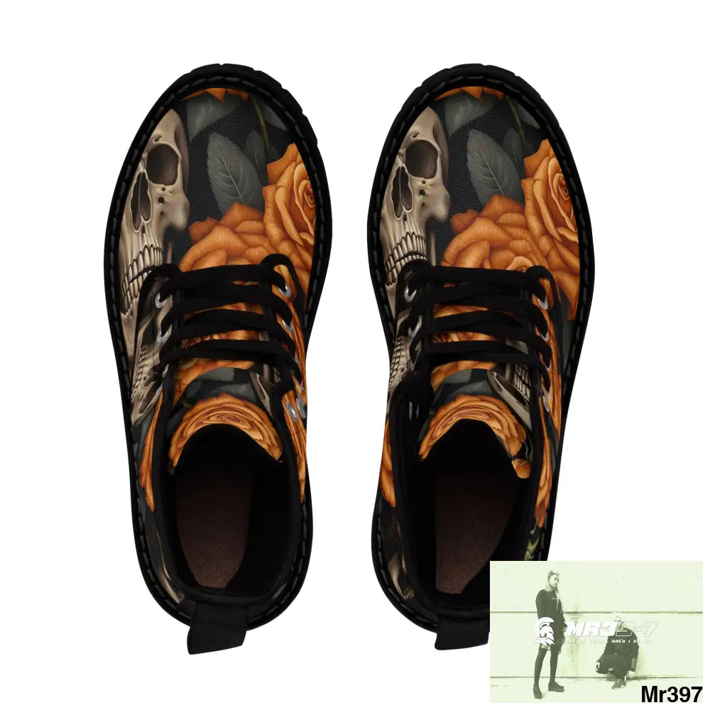 Gothic Orange Skulls and Roses Women’s Canvas Boots Shoes