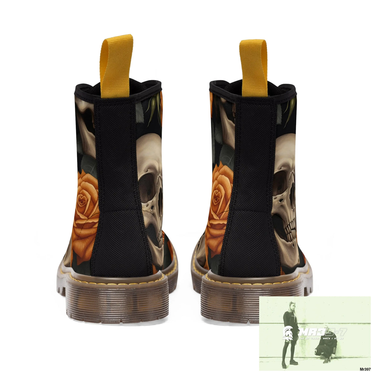 Gothic Orange Skulls and Roses Women’s Canvas Boots Shoes