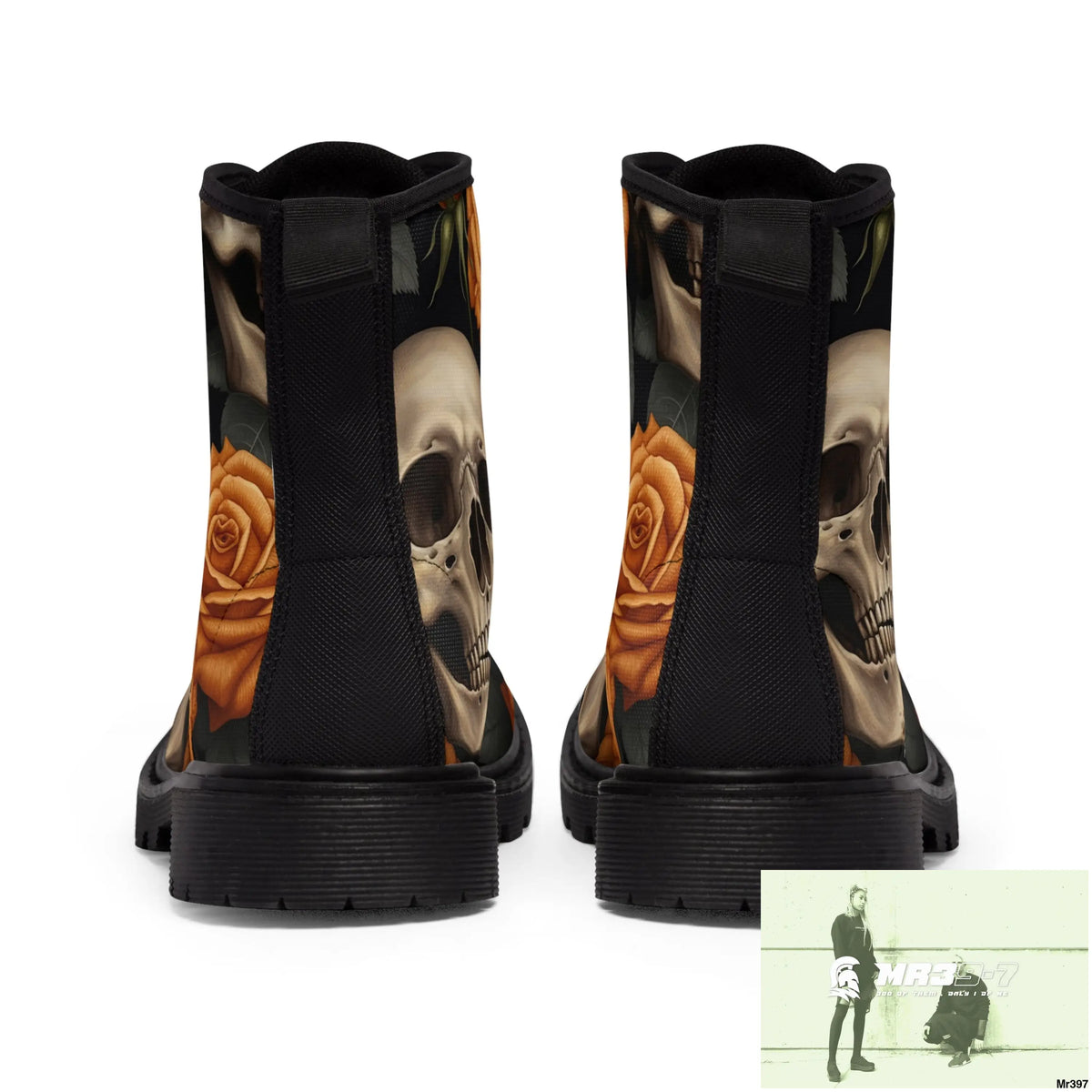 Gothic Orange Skulls and Roses Women’s Canvas Boots Shoes