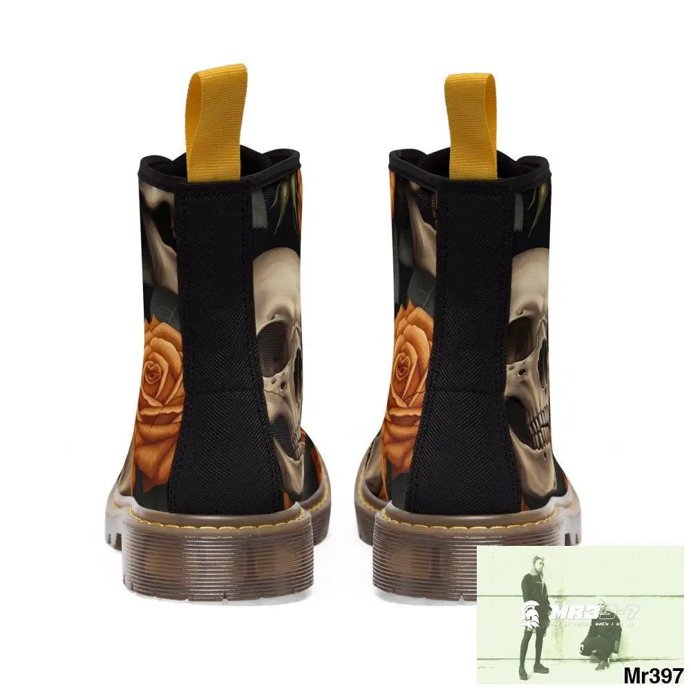 Gothic Orange Skulls and Roses Women’s Canvas Boots Shoes