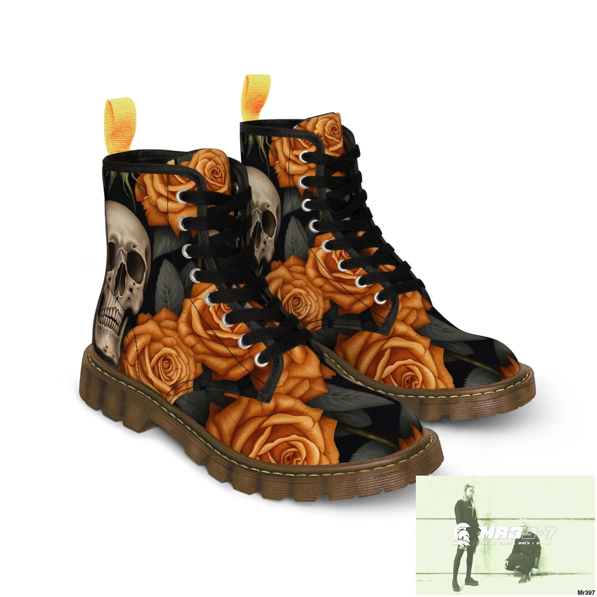 Gothic Orange Skulls and Roses Women’s Canvas Boots Shoes