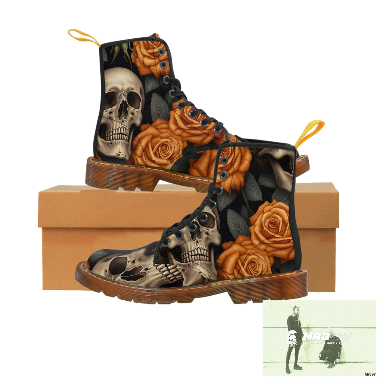 Gothic Orange Skulls and Roses Women’s Canvas Boots Shoes