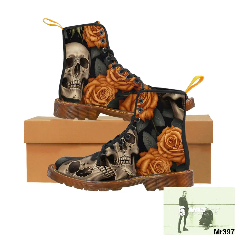 Gothic Orange Skulls and Roses Women’s Canvas Boots Shoes