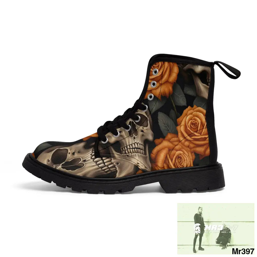 Gothic Orange Skulls and Roses Women’s Canvas Boots Shoes