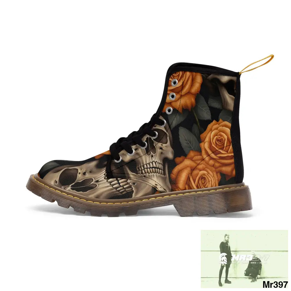 Gothic Orange Skulls and Roses Women’s Canvas Boots Shoes