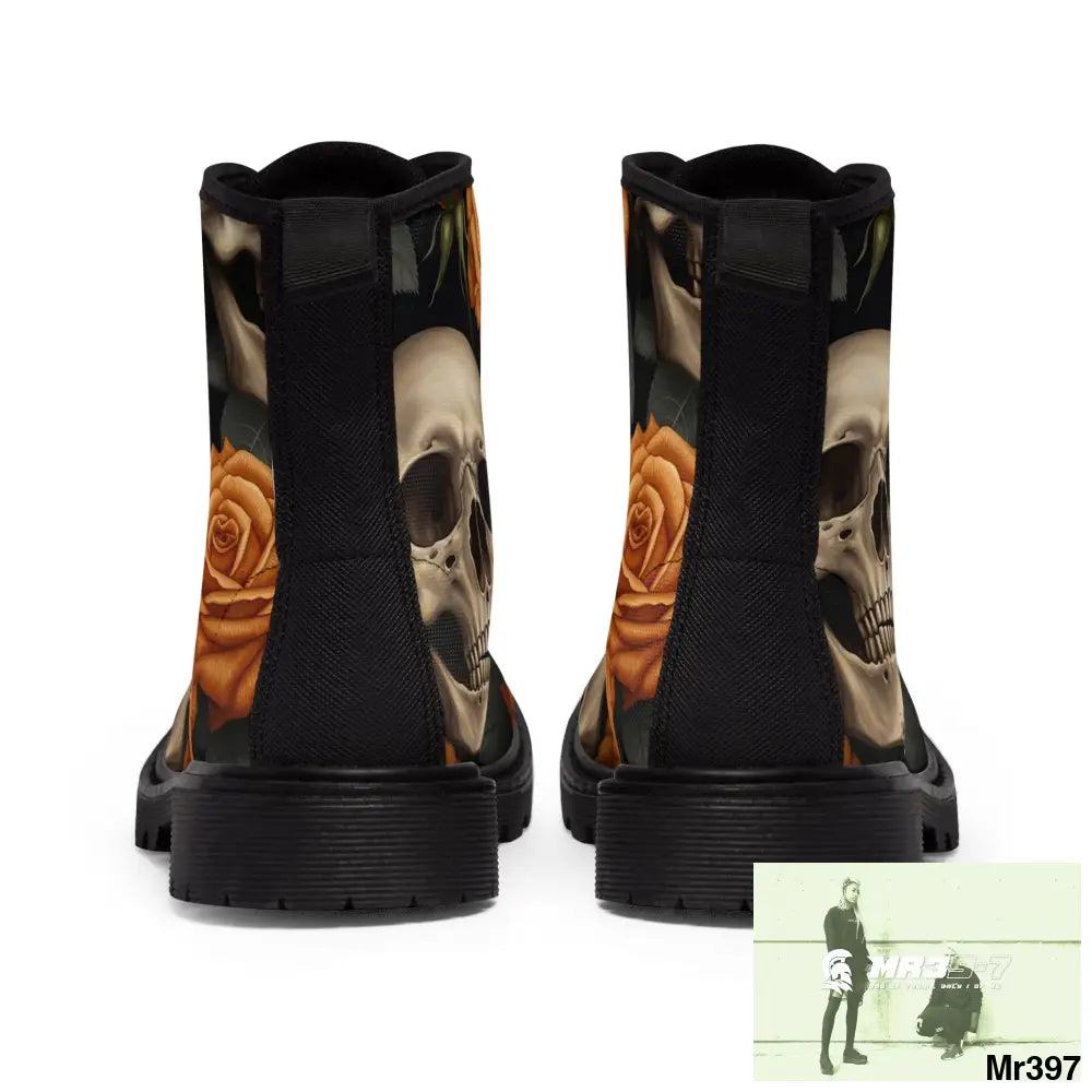 Gothic Orange Skulls and Roses Women’s Canvas Boots Shoes
