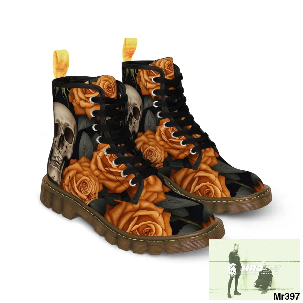 Gothic Orange Skulls and Roses Women’s Canvas Boots Shoes