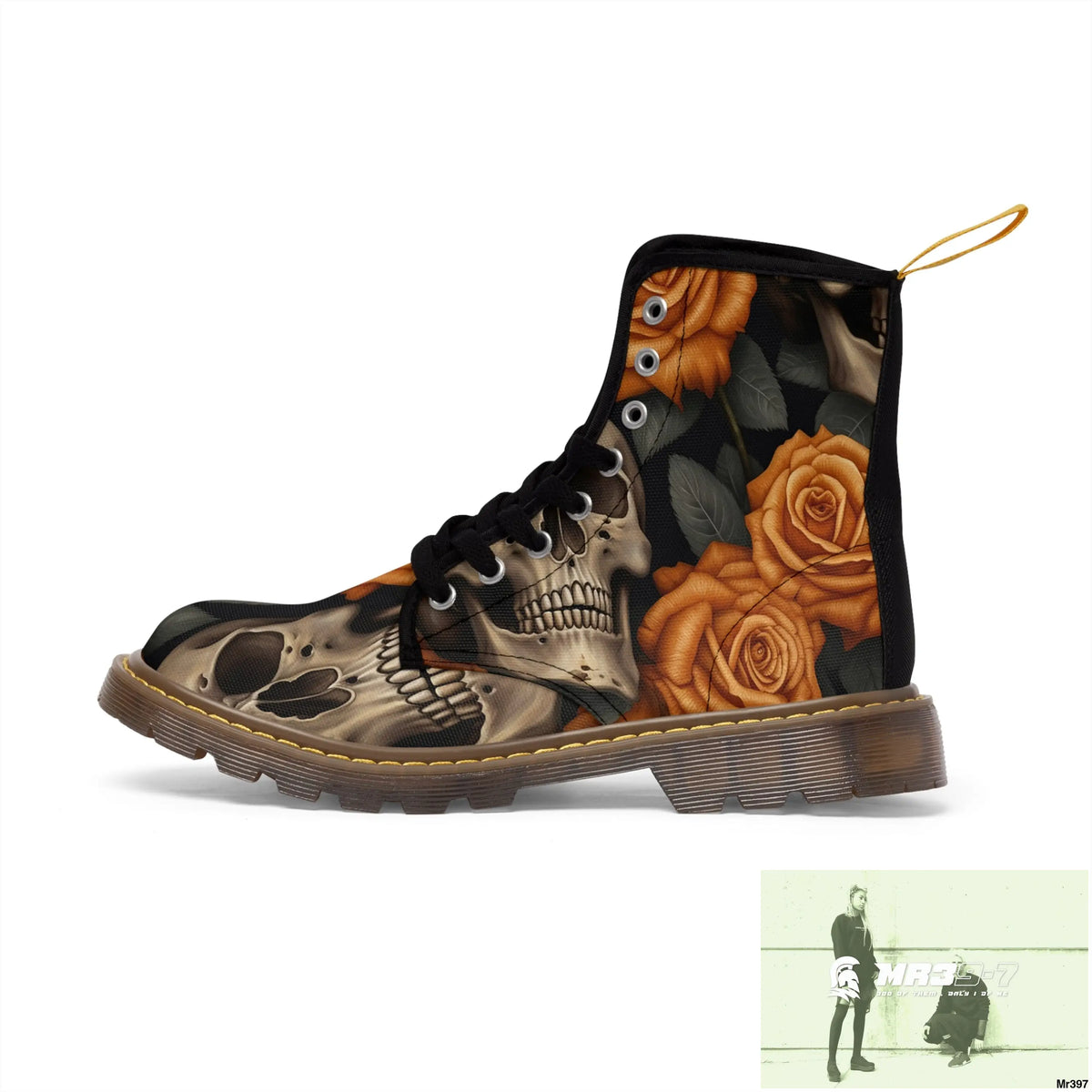 Gothic Orange Skulls and Roses Women’s Canvas Boots Shoes