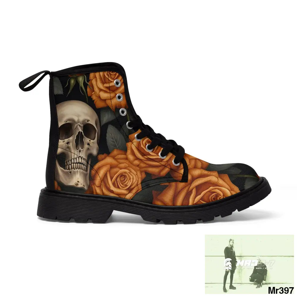 Gothic Orange Skulls and Roses Women’s Canvas Boots US 6.5 / Black sole Shoes