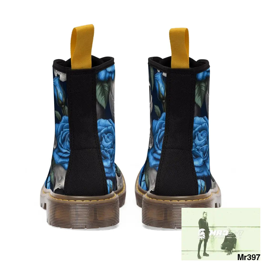 Gothic Skull and Blue Roses Canvas Boots AOP Shoes