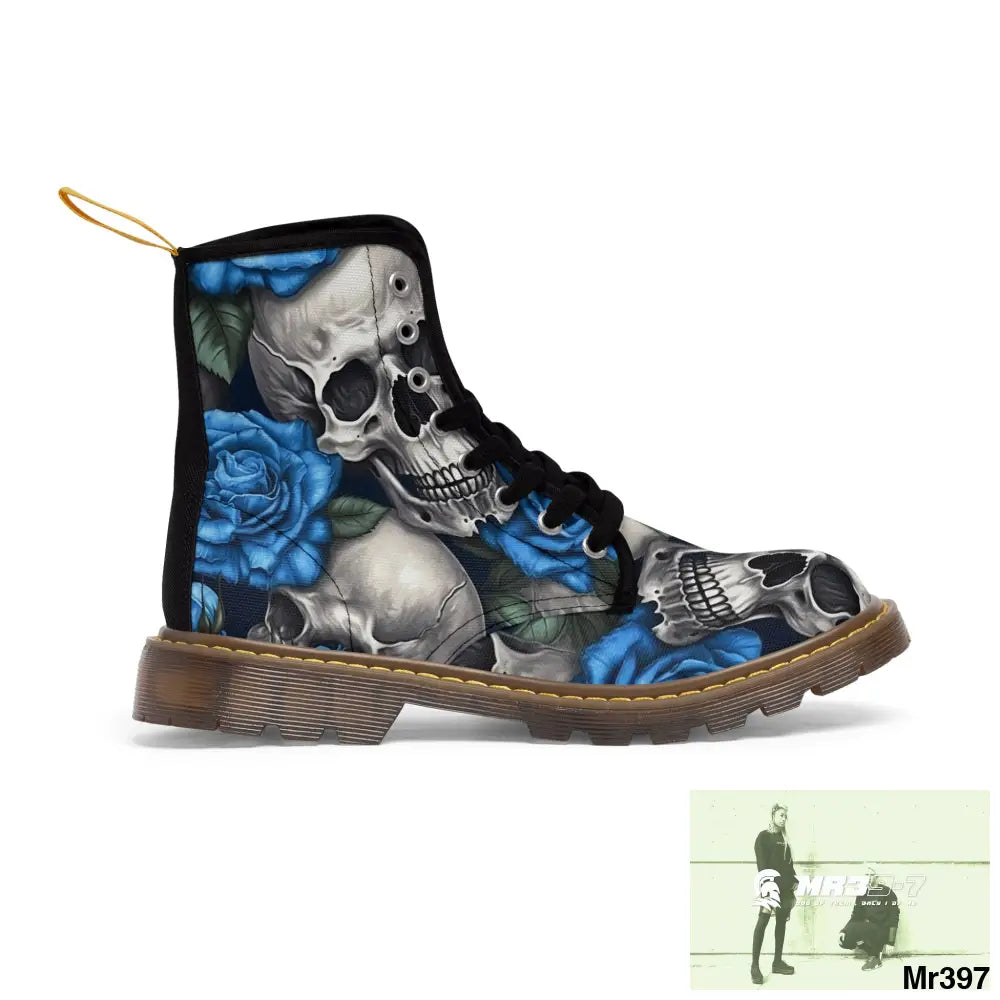 Gothic Skull and Blue Roses Canvas Boots AOP Shoes