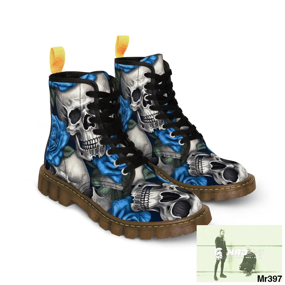 Gothic Skull and Blue Roses Canvas Boots AOP Shoes