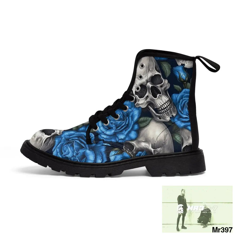 Gothic Skull and Blue Roses Canvas Boots AOP Shoes